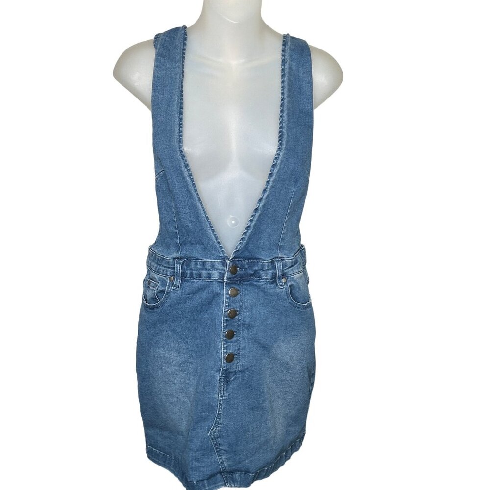 Denim Overall Dress With Pockets & Button Front By Day To Day Size M